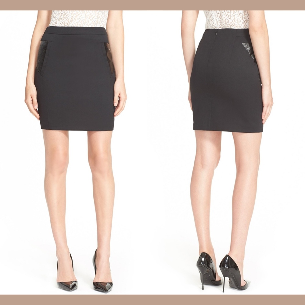 NWT $265 The Kooples Vinyl Trim Stretch Wool Skirt in Black [SZ 40 ]‎